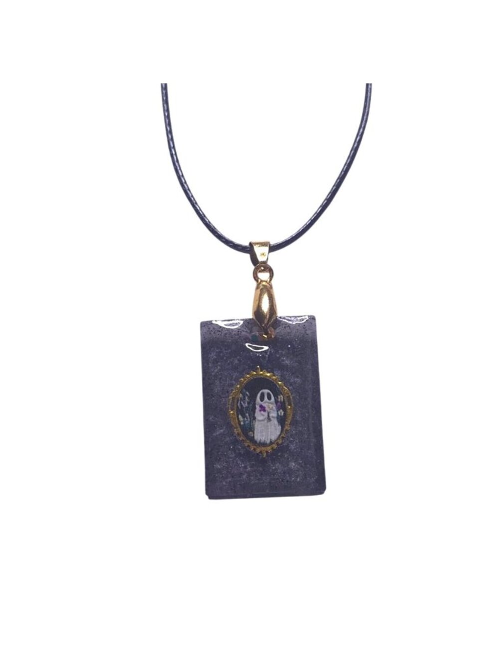 Handmade Resin Ghost Pendant Necklace Glitter 1.5" Charm On Black Cord 16 - 18"